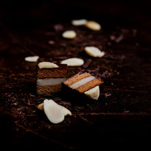 Load image into Gallery viewer, 6 handcrafted Lebkuchen 'honey cake' pralines filled with delicate marzipan, coated in rich, dark chocolate and topped with half an almond. The perfect treat for marzipan lovers! The high quality chocolate couvertures enchant with an intense chocolate taste, complimenting our Lebkuchen and opulent fillings. Our chocolate is made with cocoa butter and refined with natural Bourbon vanilla, free of external fats.
