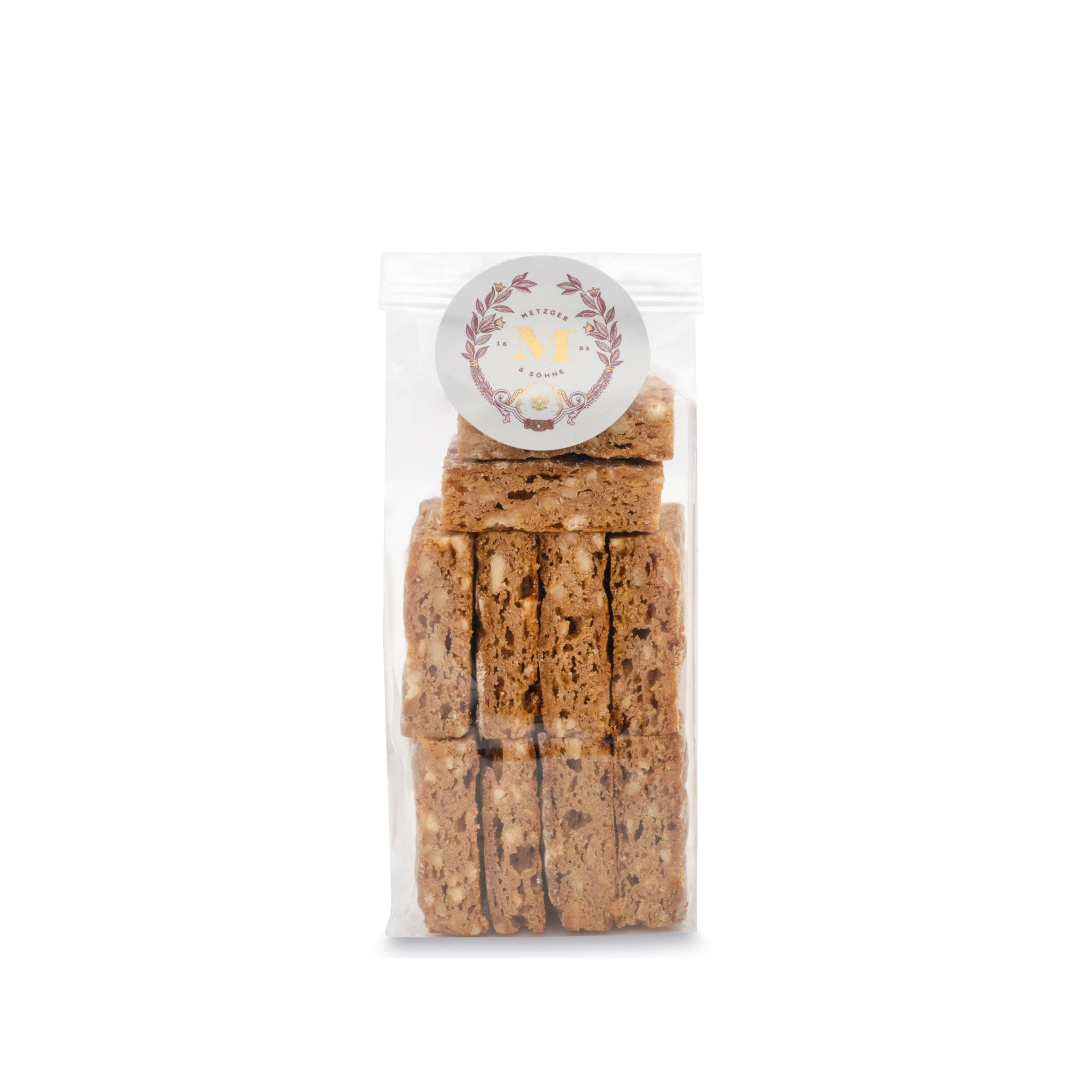 Scrumptious Lebkuchen cookies with coarsely grated hazelnuts, dried fruits and aranzini, with a slight cherry note. A real taste of Christmas is every bite. Metzger cookies are handcrafted using traditional recipes and high quality ingredients, including pure honey from Austria.