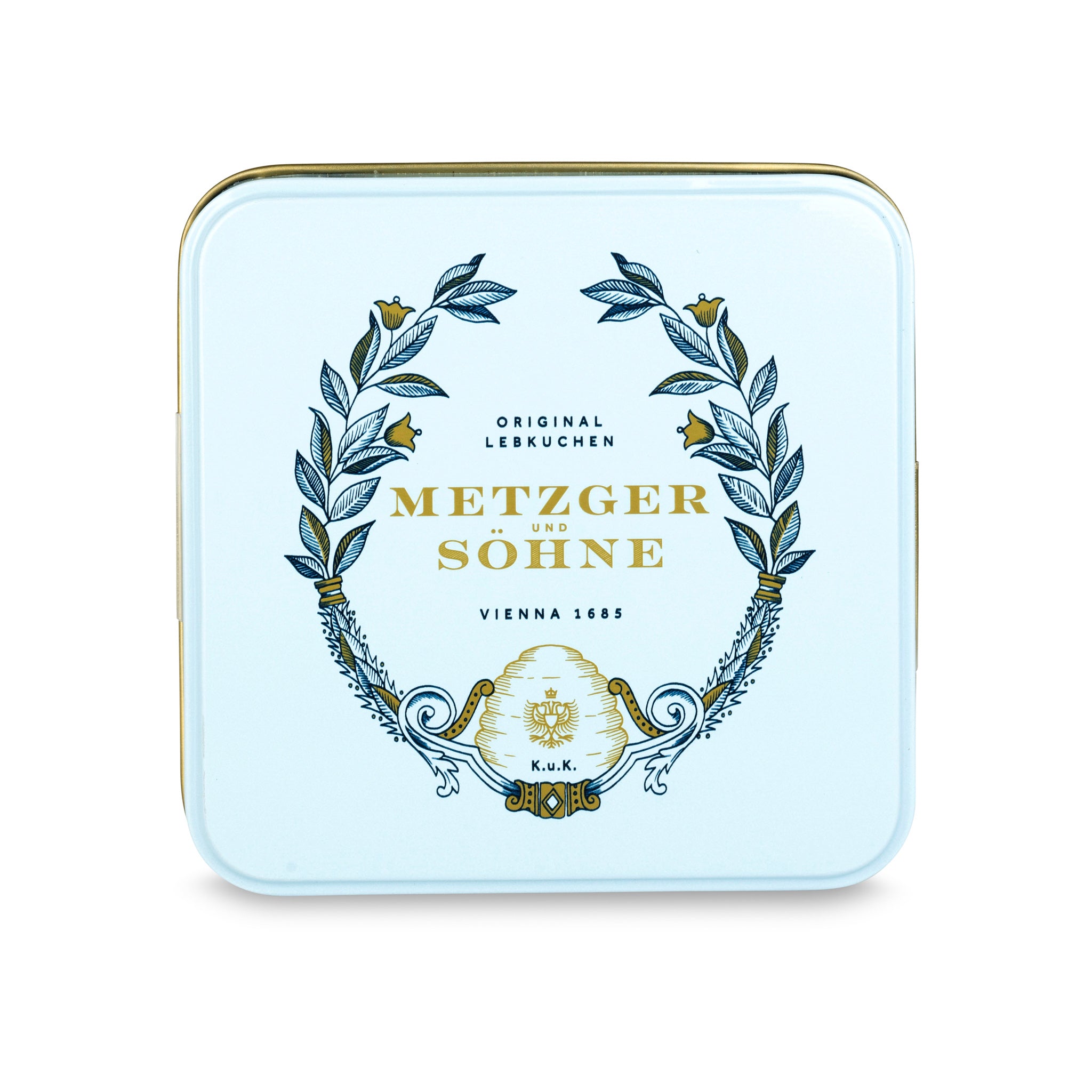 A perfect gift for a special occasion. Metzger's signature luxury tin in ice blue, filled with with 9 delectable Lebkuchen chocolate pralines. Each praline is layered with Lebkuchen 'honey cake' and filled with marzipan, nuts or fruit jams and jellies, encased in rich chocolate. Suitable for vegetarians.