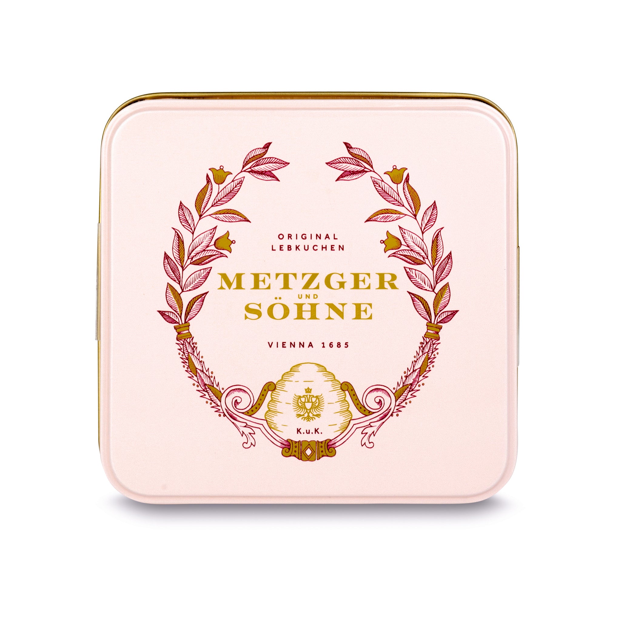 A perfect gift for a special occasion. Metzger's signature luxury tin in delicate pink, filled with with 9 delectable Lebkuchen chocolate pralines. Each praline is layered with Lebkuchen 'honey cake' and filled with marzipan, nuts or fruit jams and jellies, encased in rich chocolate. Suitable for vegetarians.