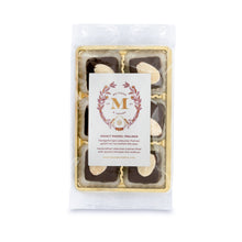 Load image into Gallery viewer, 6 handcrafted Lebkuchen 'honey cake' pralines filled with delicate marzipan, coated in rich, dark chocolate and topped with half an almond. The perfect treat for marzipan lovers! The high quality chocolate couvertures enchant with an intense chocolate taste, complimenting our Lebkuchen and opulent fillings. Our chocolate is made with cocoa butter and refined with natural Bourbon vanilla, free of external fats.