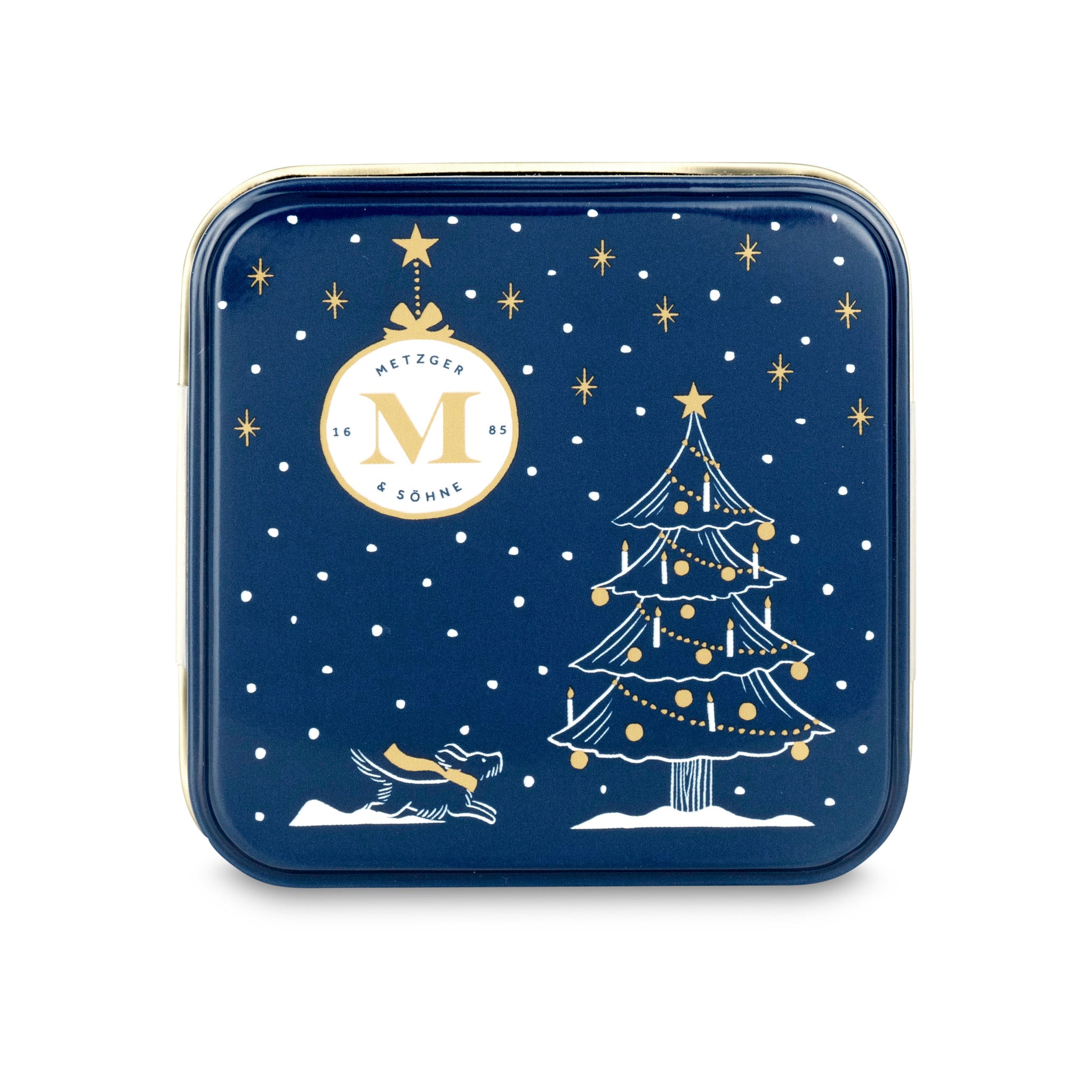 Adorable Lebkuchen 'honey cake' Christmas tin in navy filled with 4 different Lebkuchen pralines.