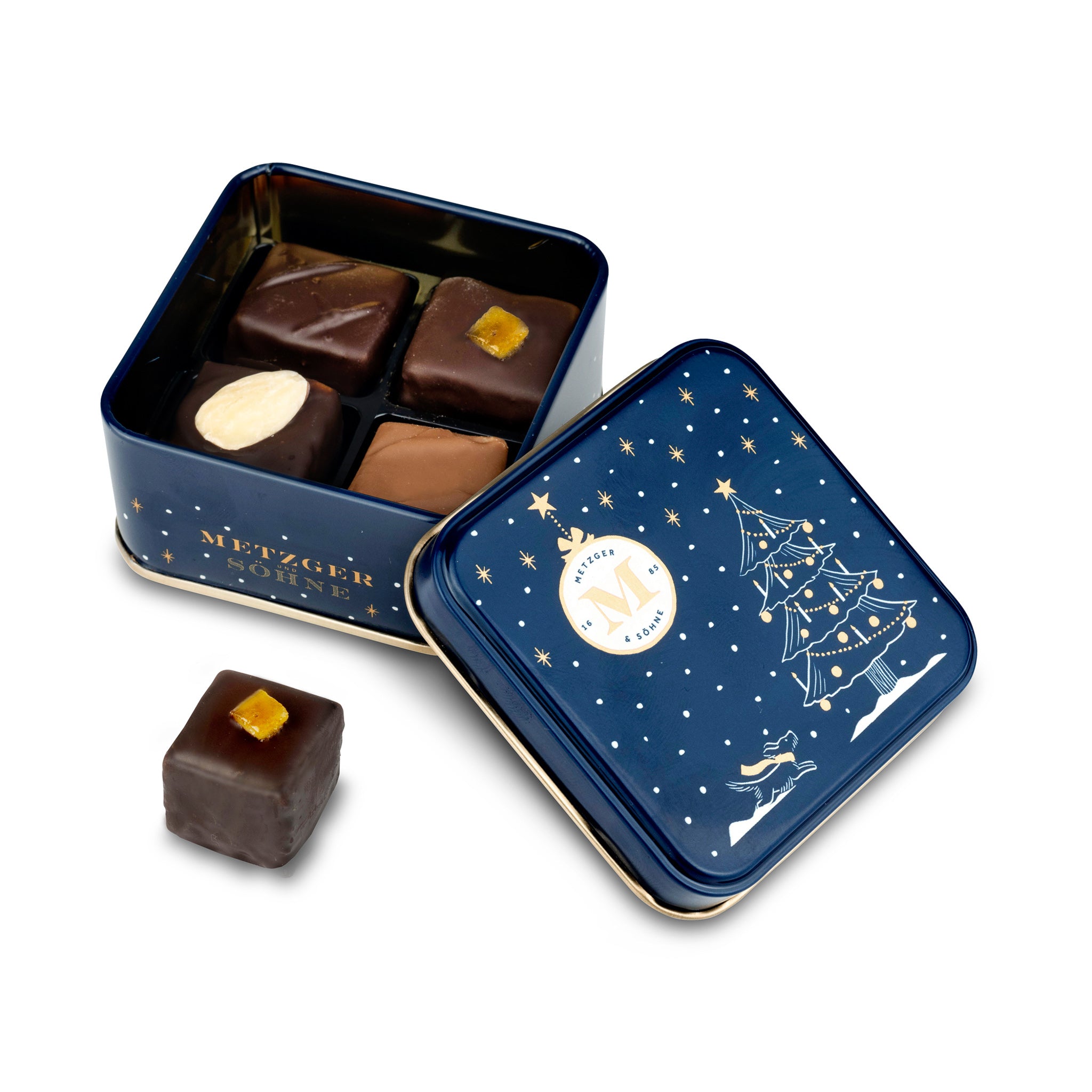 Adorable Lebkuchen 'honey cake' Christmas tin in navy filled with 4 different Lebkuchen pralines.