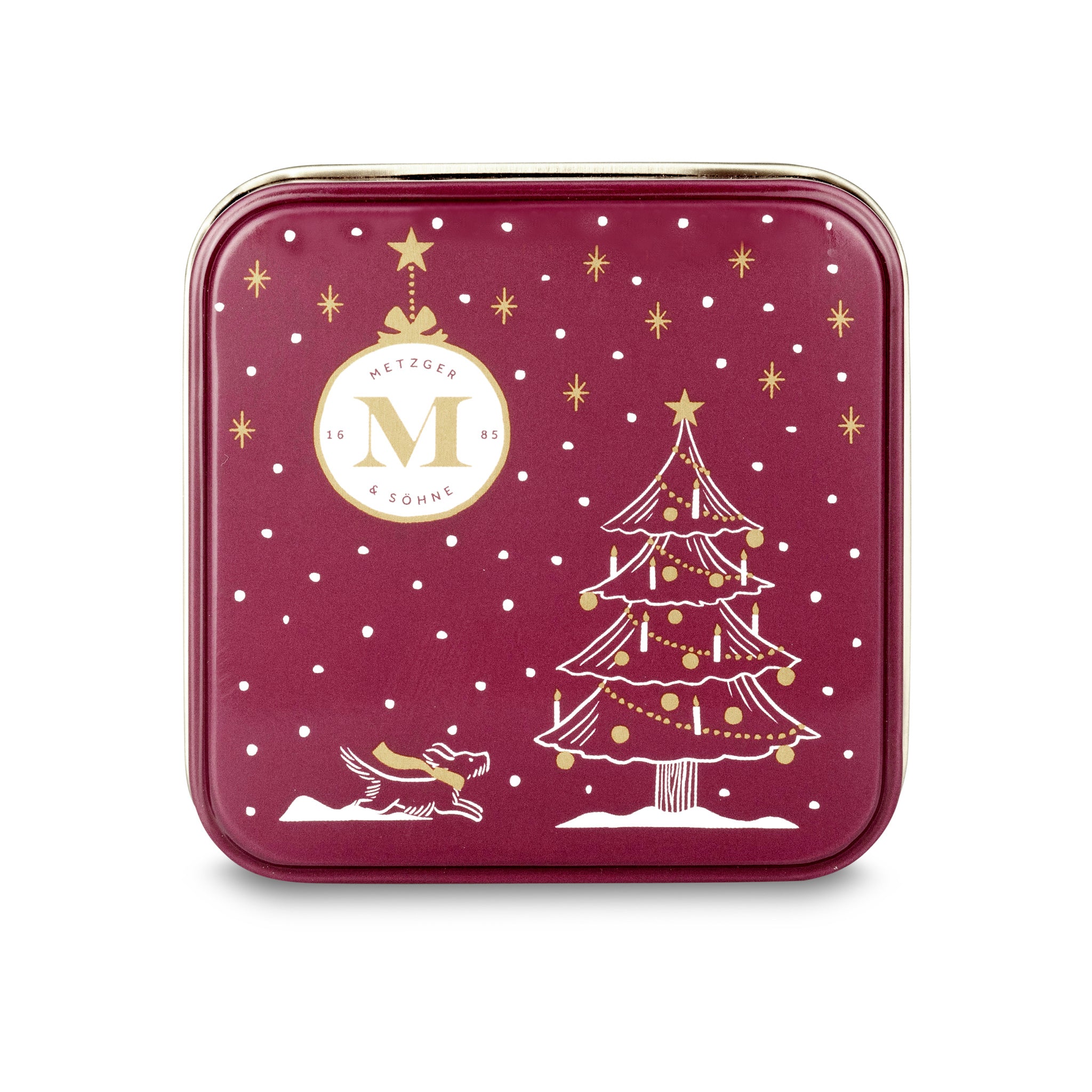Adorable Lebkuchen 'honey cake' Christmas tin in bordeaux red filled with 4 different Lebkuchen pralines.