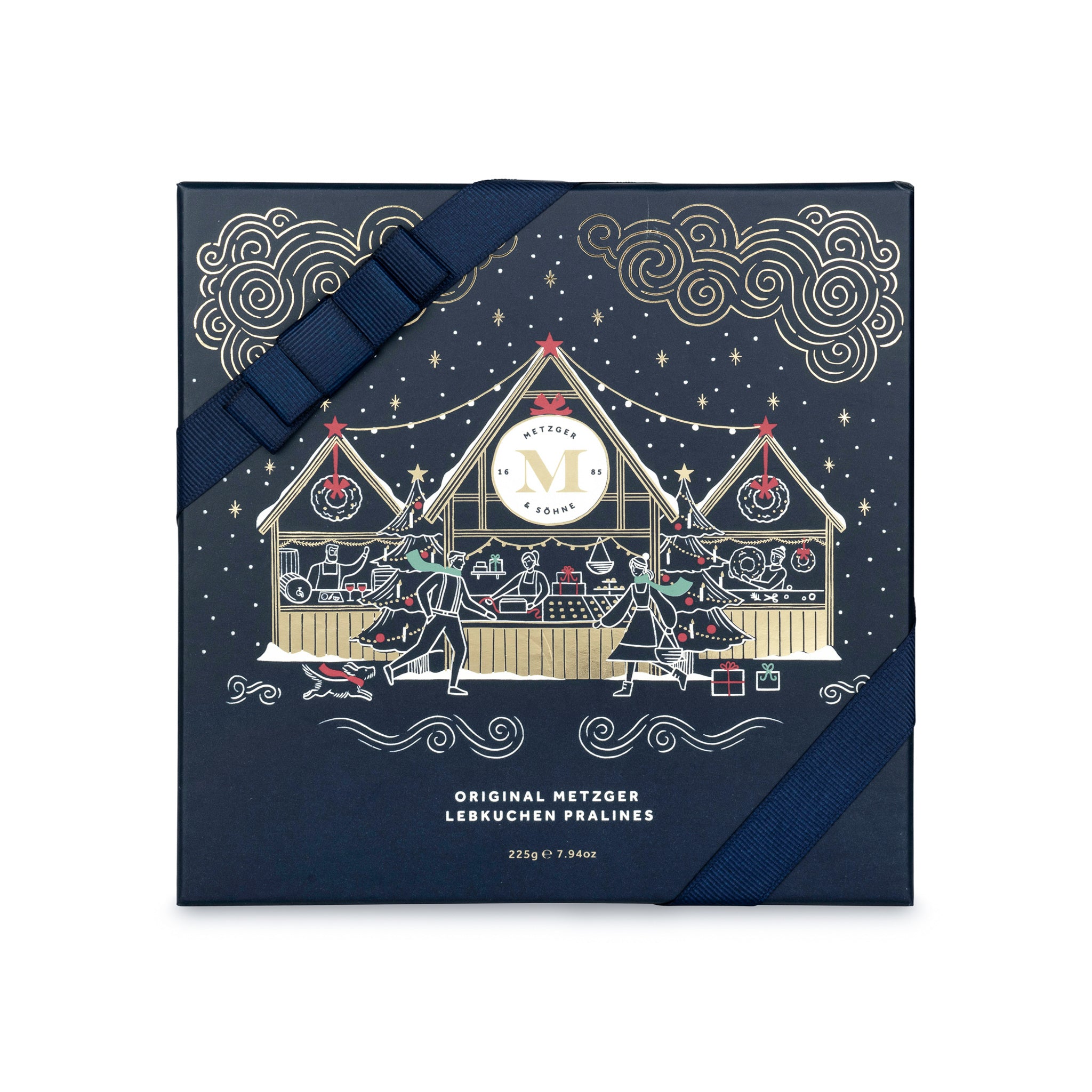 Exclusive Christmas Lebkuchen 'Honey cake' praline box in navy blue with magical gold foil print, filled with 16 exquisite Lebkuchen pralines: marzipan, fruit jam or jelly and nutty flavours.