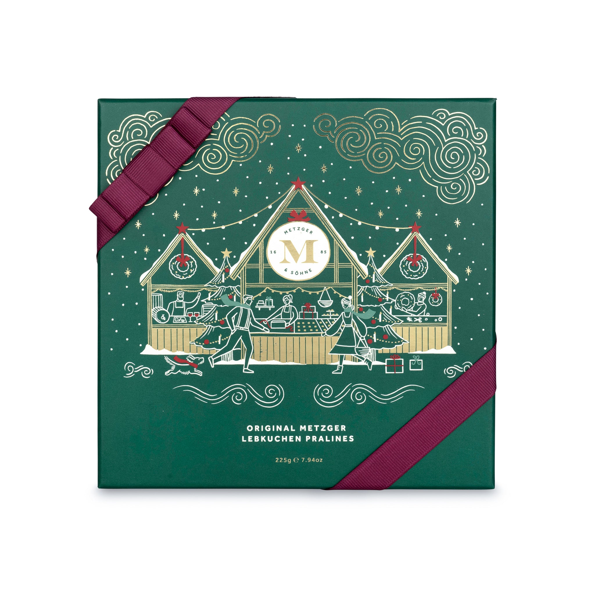 Exclusive Christmas Lebkuchen 'Honey cake' praline box in emerald green with magical gold foil print, filled with 16 exquisite Lebkuchen pralines: marzipan, fruit jam or jelly and nutty flavours.