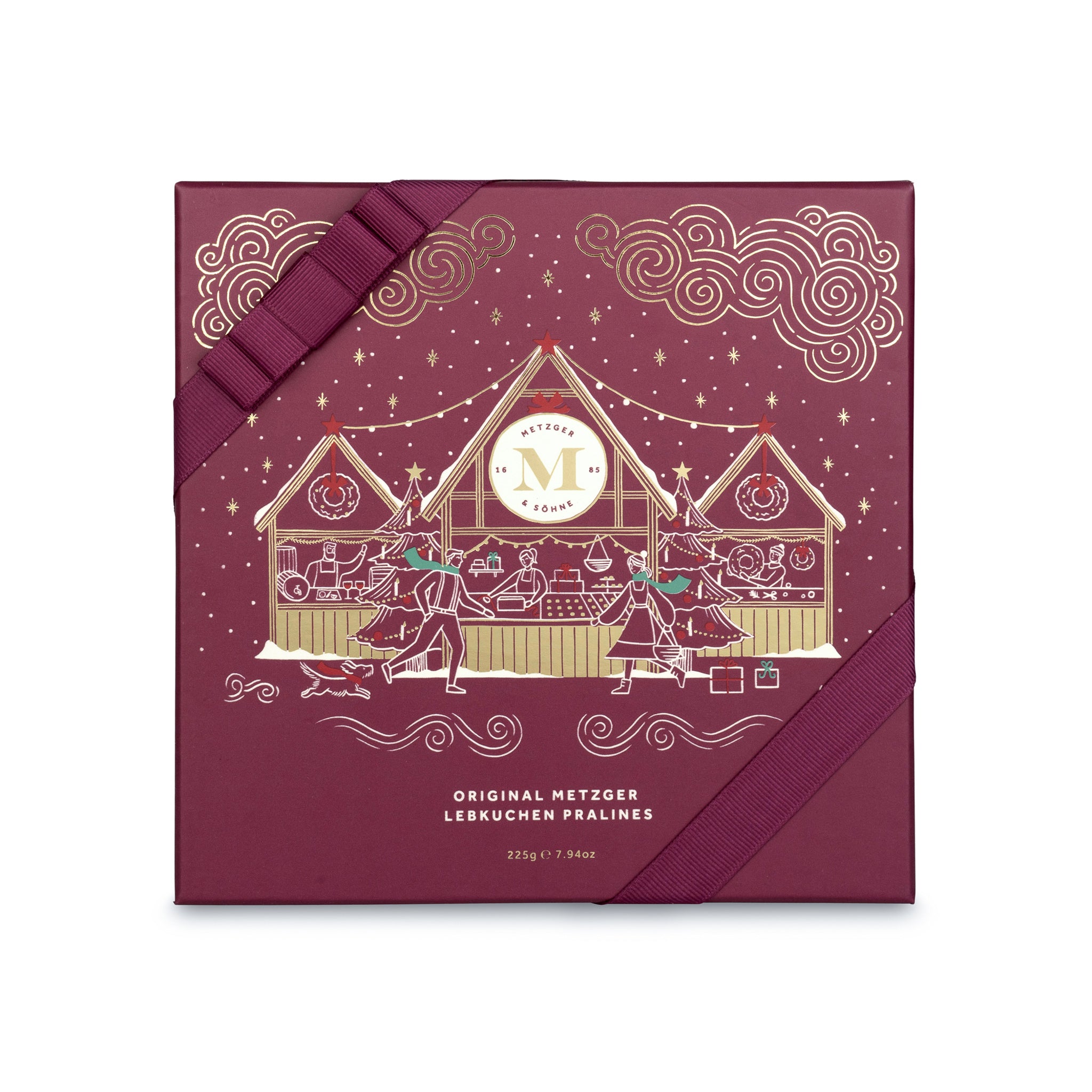 Metzger is pleased to bring you the magic of Viennese Christmas markets with a luxury chocolate box in red, filled with 16 delectable Lebkuchen pralines. Each praline is layered with Lebkuchen 'honey cake' and filled with marzipan, nuts or fruit jams and jellies, encased in rich chocolate. Suitable for vegetarians.