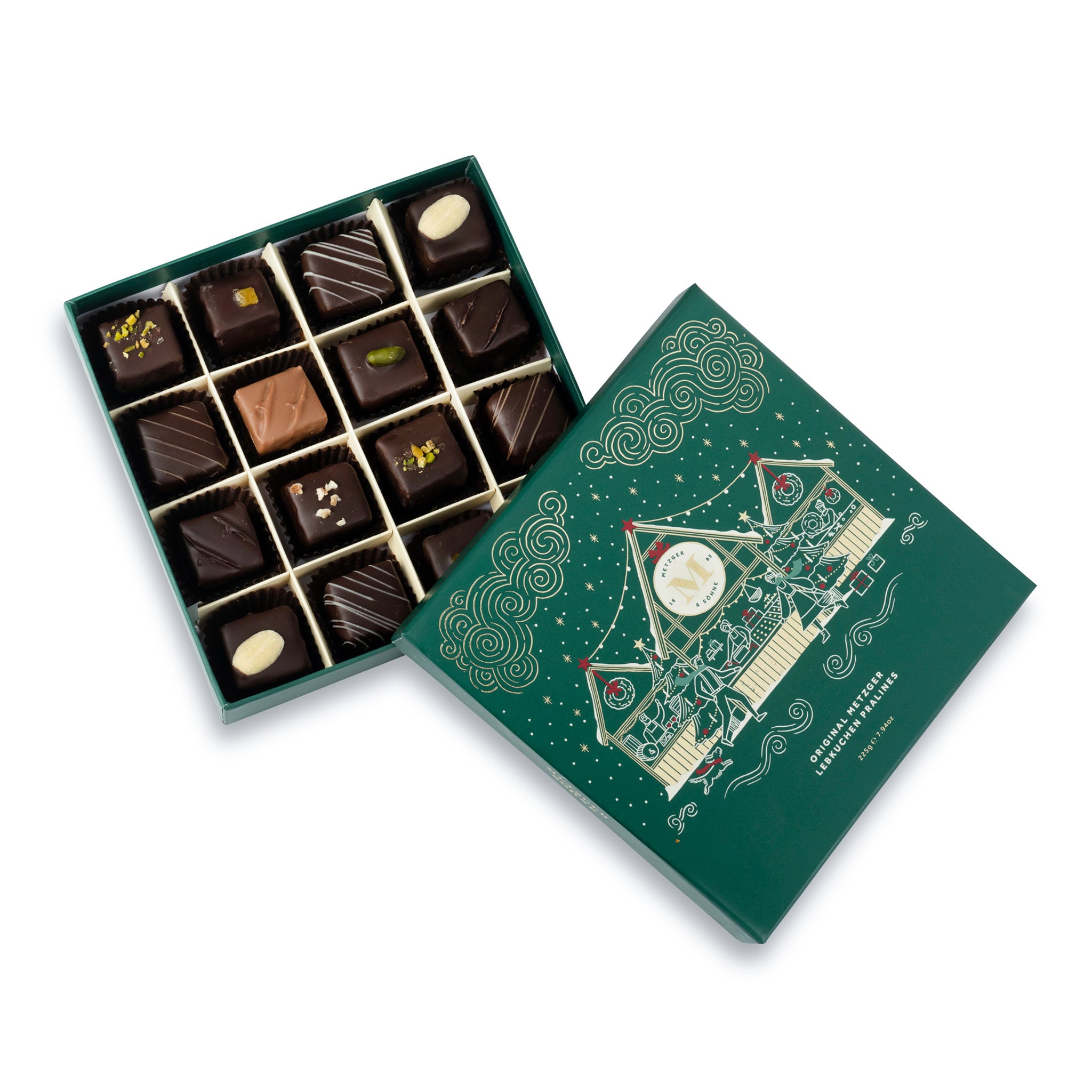 Exclusive Christmas Lebkuchen 'Honey cake' praline box in emerald green with magical gold foil print, filled with 16 exquisite Lebkuchen pralines: marzipan, fruit jam or jelly and nutty flavours.