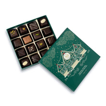 Load image into Gallery viewer, Exclusive Christmas Lebkuchen 'Honey cake' praline box in emerald green with magical gold foil print, filled with 16 exquisite Lebkuchen pralines: marzipan, fruit jam or jelly and nutty flavours.