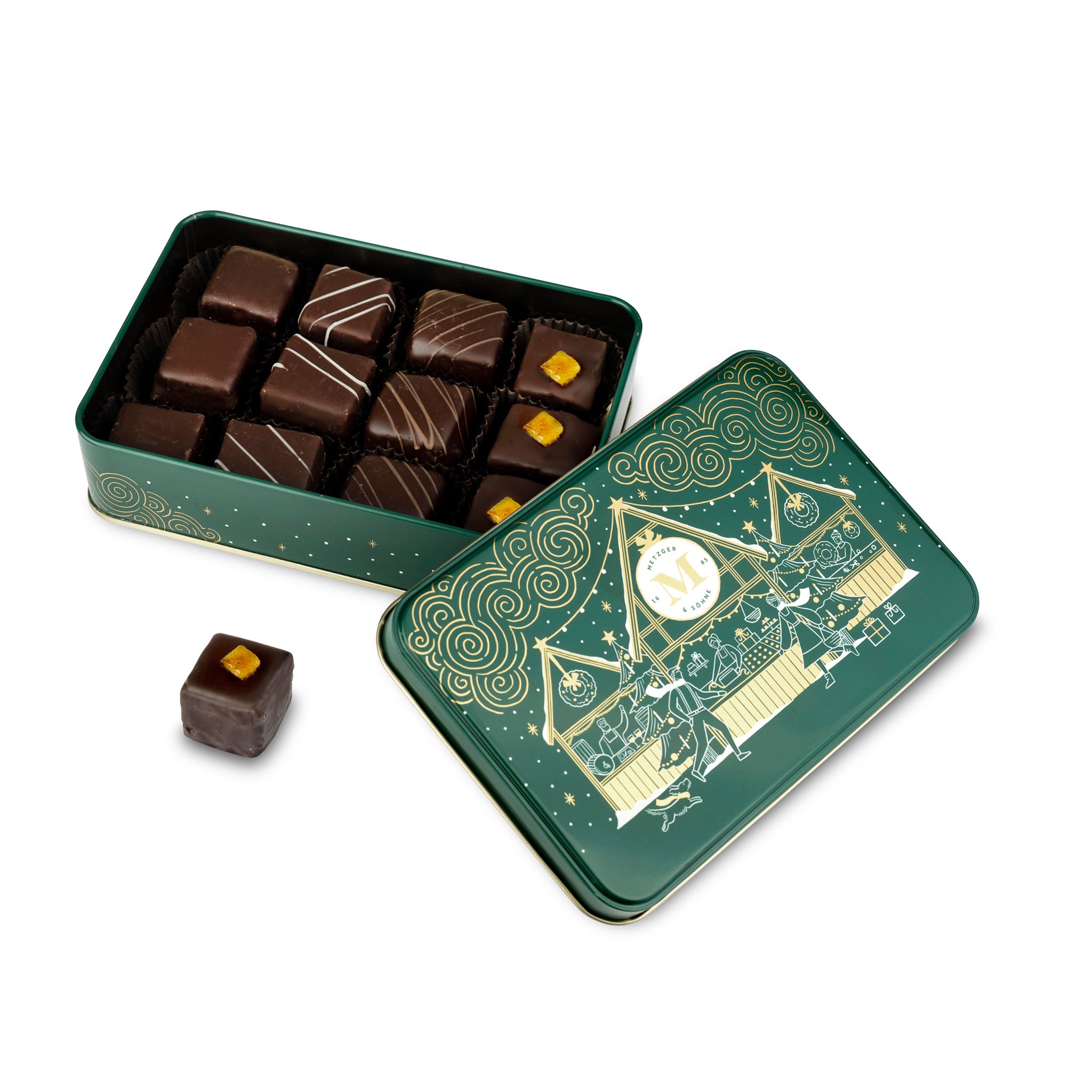Metzger is pleased to bring you the magic of Viennese Christmas markets with a luxury chocolate tin in emerald green, filled with 12 delectable Lebkuchen pralines. Each praline is layered with Lebkuchen 'honey cake' and filled with marzipan, nuts or fruit jams and jellies, encased in rich chocolate. Vegetarian.