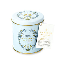 Load image into Gallery viewer, Luxury Metzger gift tin in blue, filled with our popular Lebkuchen cookies and chocolate pralines. There are 10 opulent praline types, from marzipan mixes to fruit jellies, jams and nut fillings, coated in chocolate. The Lebkuchen cookies include our fruit bread with dried fruits and nuts, basler with a cherry undertone, chocolate robbins, signature house Lebkuchen and Aranzini Lebkuchen minis. A perfect Lebkuchen taster gift or selection for the Christmas table.