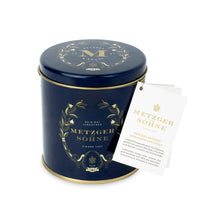 Load image into Gallery viewer, Luxury Metzger gift tin in navy blue, filled with our popular Lebkuchen cookies and chocolate pralines. There are 10 opulent praline types, from marzipan mixes to fruit jellies, jams and nut fillings, coated in chocolate. The Lebkuchen cookies include our fruit bread with dried fruits and nuts, basler with a cherry undertone, chocolate robbins, signature house Lebkuchen and Aranzini Lebkuchen minis. A perfect Lebkuchen taster gift or selection for the Christmas table.
