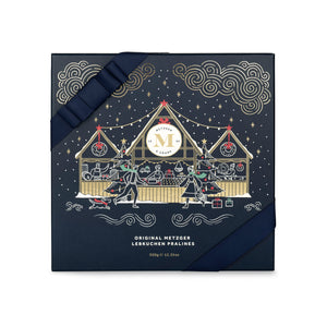 Metzger is pleased to bring you the magic of Viennese Christmas markets with a luxury chocolate box in navy, filled with 25 delectable Lebkuchen pralines. Each praline is layered with Lebkuchen 'honey cake' and filled with marzipan, nuts or fruit jams and jellies, encased in rich chocolate. Suitable for vegetarians.