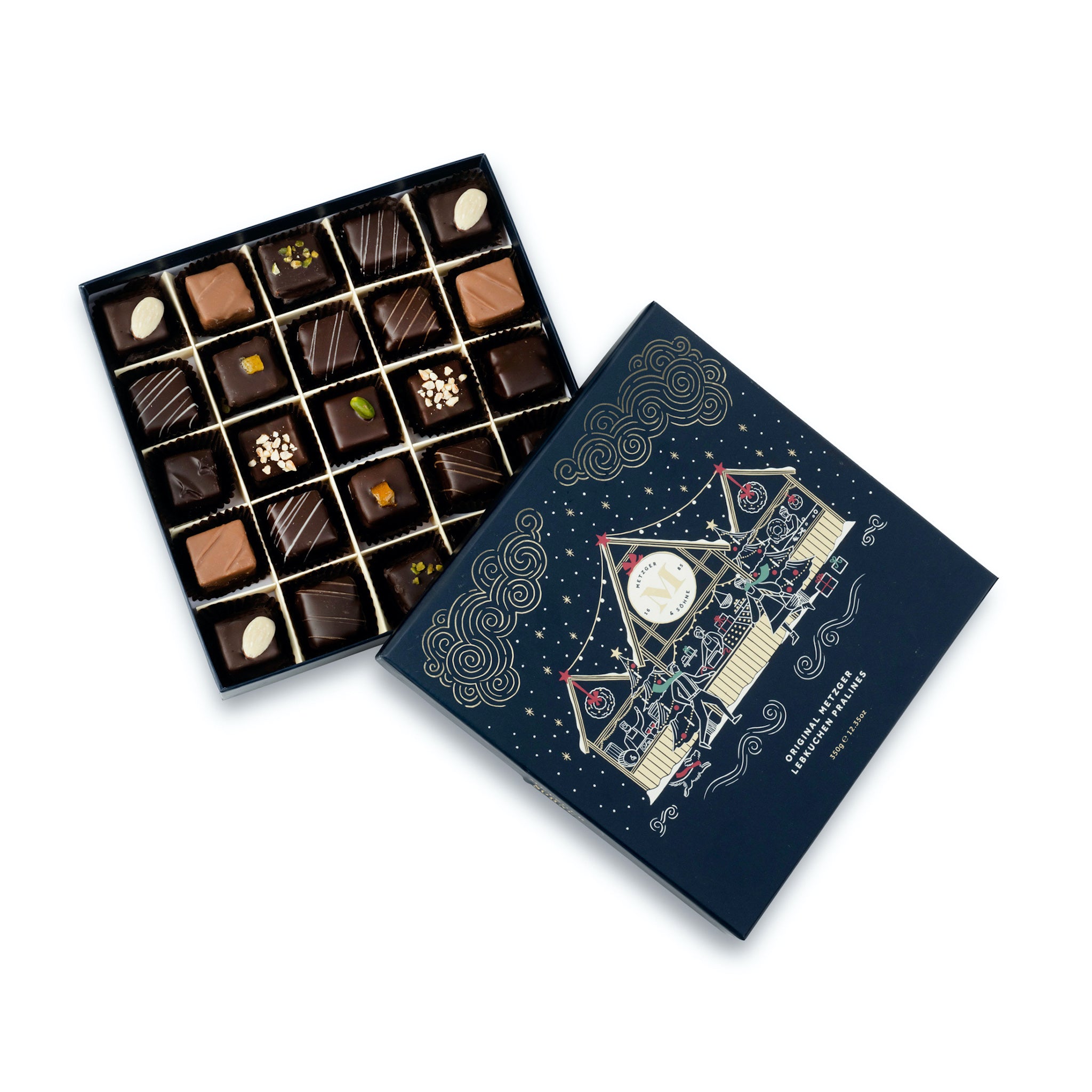 Metzger is pleased to bring you the magic of Viennese Christmas markets with a luxury chocolate box in navy, filled with 25 delectable Lebkuchen pralines. Each praline is layered with Lebkuchen 'honey cake' and filled with marzipan, nuts or fruit jams and jellies, encased in rich chocolate. Suitable for vegetarians.
