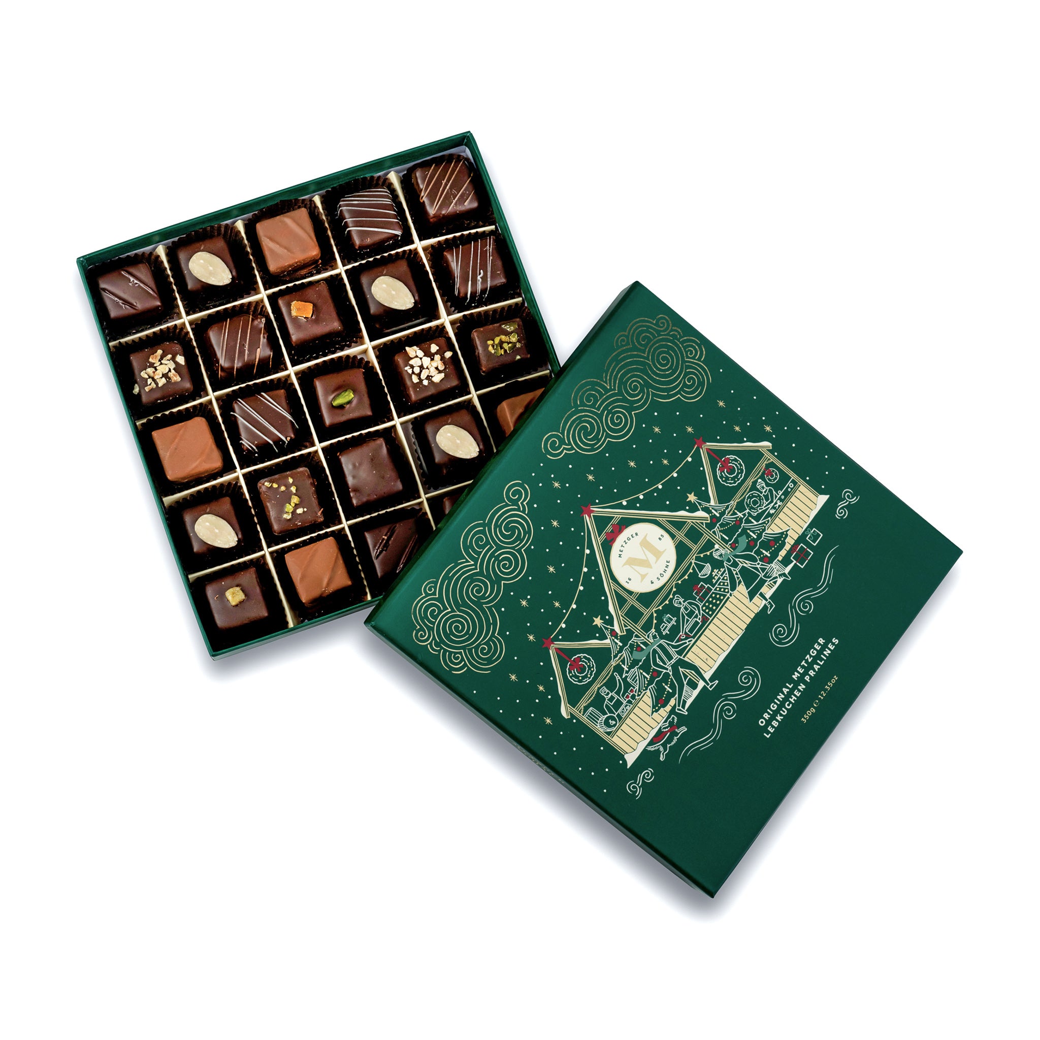 Metzger is pleased to bring you the magic of Viennese Christmas markets with a luxury chocolate box in emerald green, filled with 25 delectable Lebkuchen pralines. Each praline is layered with Lebkuchen 'honey cake' and filled with marzipan, nuts or fruit jams and jellies, encased in rich chocolate.