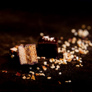 6 handcrafted Lebkuchen 'honey cake' pralines filled with a tangy, rich hazelnut and raisin filling, coated dark chocolate. The high quality chocolate couvertures enchant with an intense chocolate taste, complimenting our Lebkuchen and opulent fillings. These pralines a hearty embodiment of Christmas.
