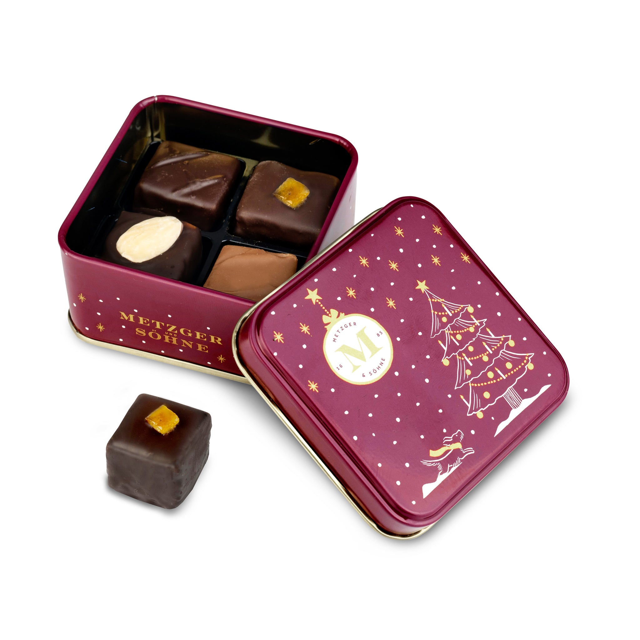 Adorable Lebkuchen 'honey cake' Christmas tin in bordeaux red filled with 4 different Lebkuchen pralines.