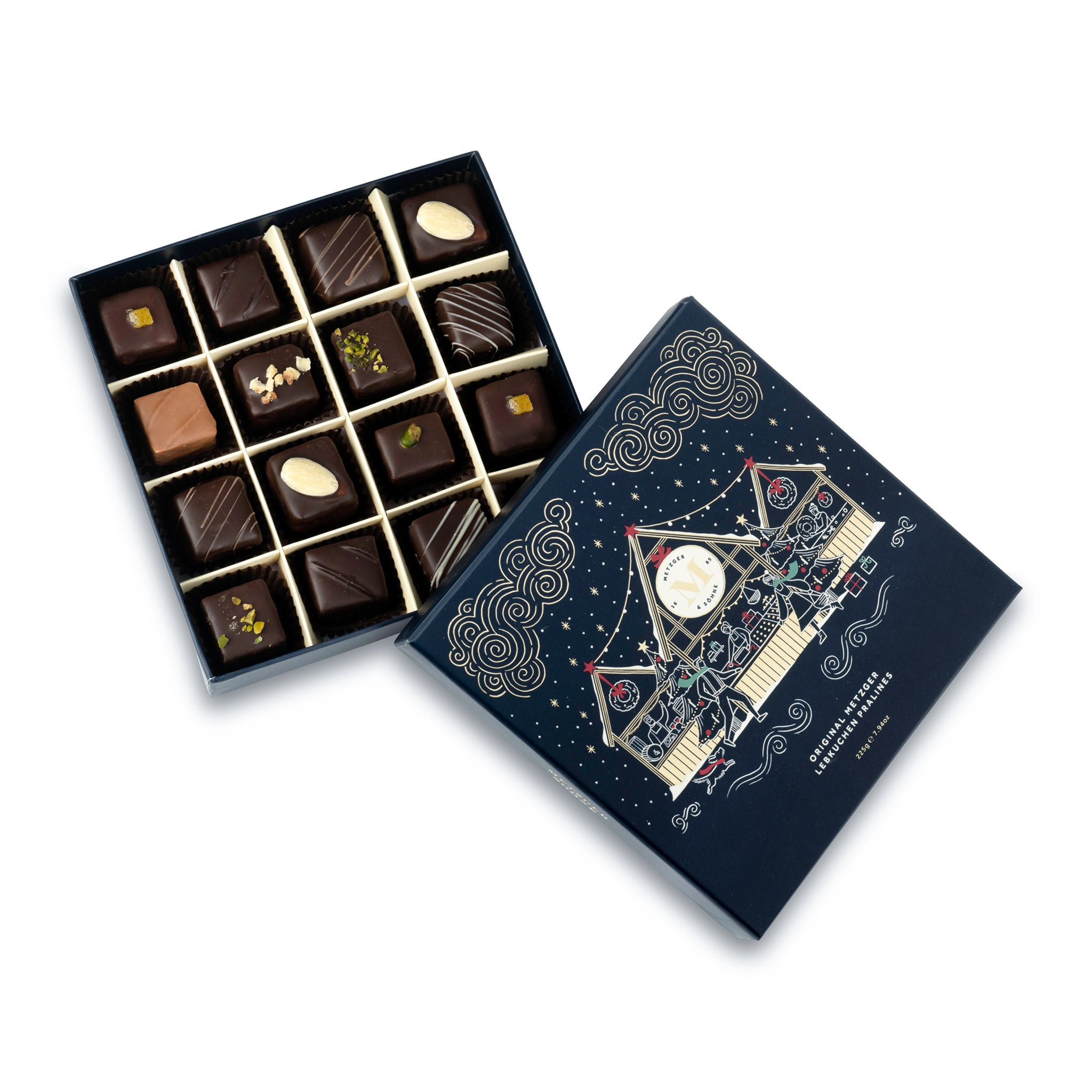 Exclusive Christmas Lebkuchen 'Honey cake' praline box in navy blue with magical gold foil print, filled with 16 exquisite Lebkuchen pralines: marzipan, fruit jam or jelly and nutty flavours.