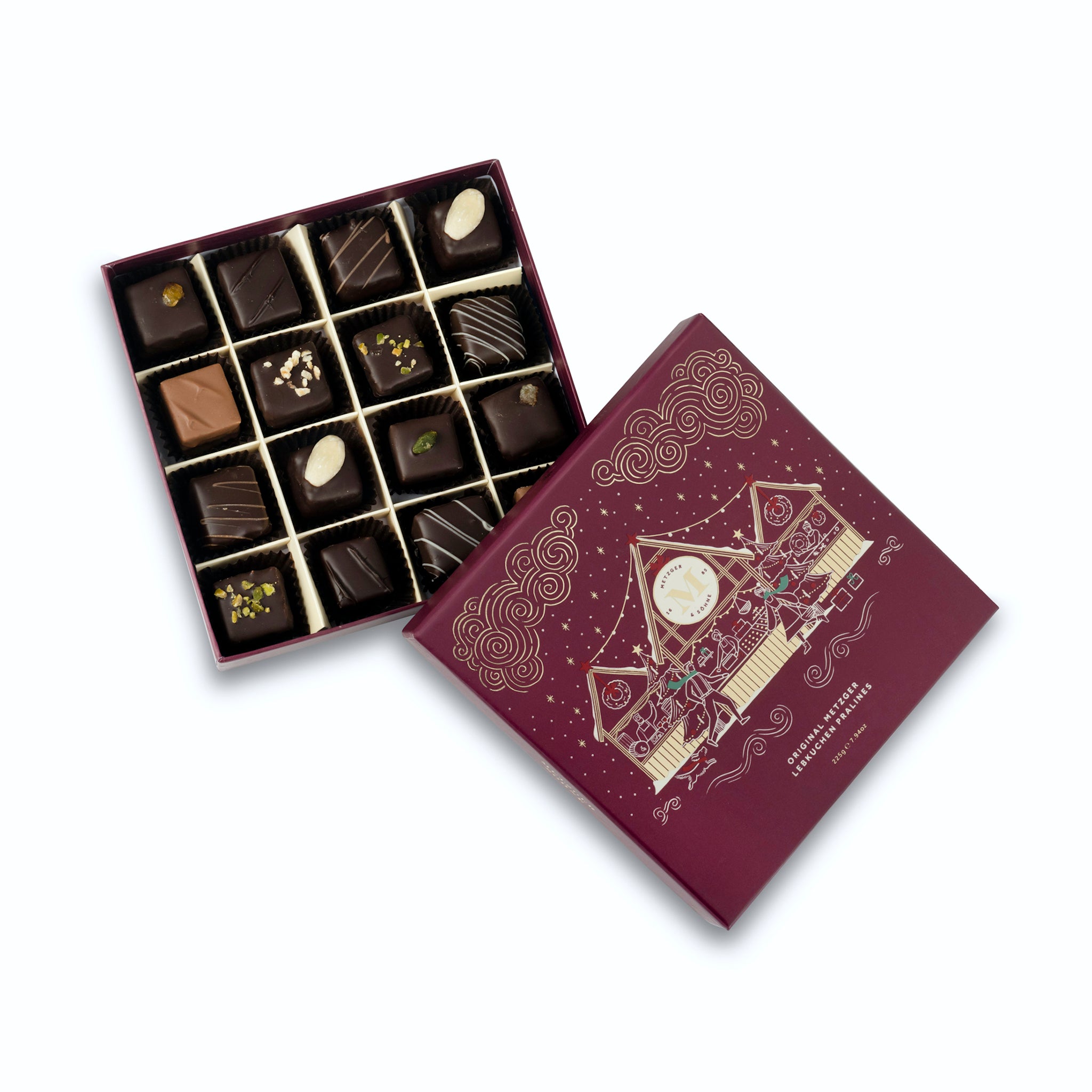 Metzger is pleased to bring you the magic of Viennese Christmas markets with a luxury chocolate box in red, filled with 16 delectable Lebkuchen pralines. Each praline is layered with Lebkuchen 'honey cake' and filled with marzipan, nuts or fruit jams and jellies, encased in rich chocolate. Suitable for vegetarians.
