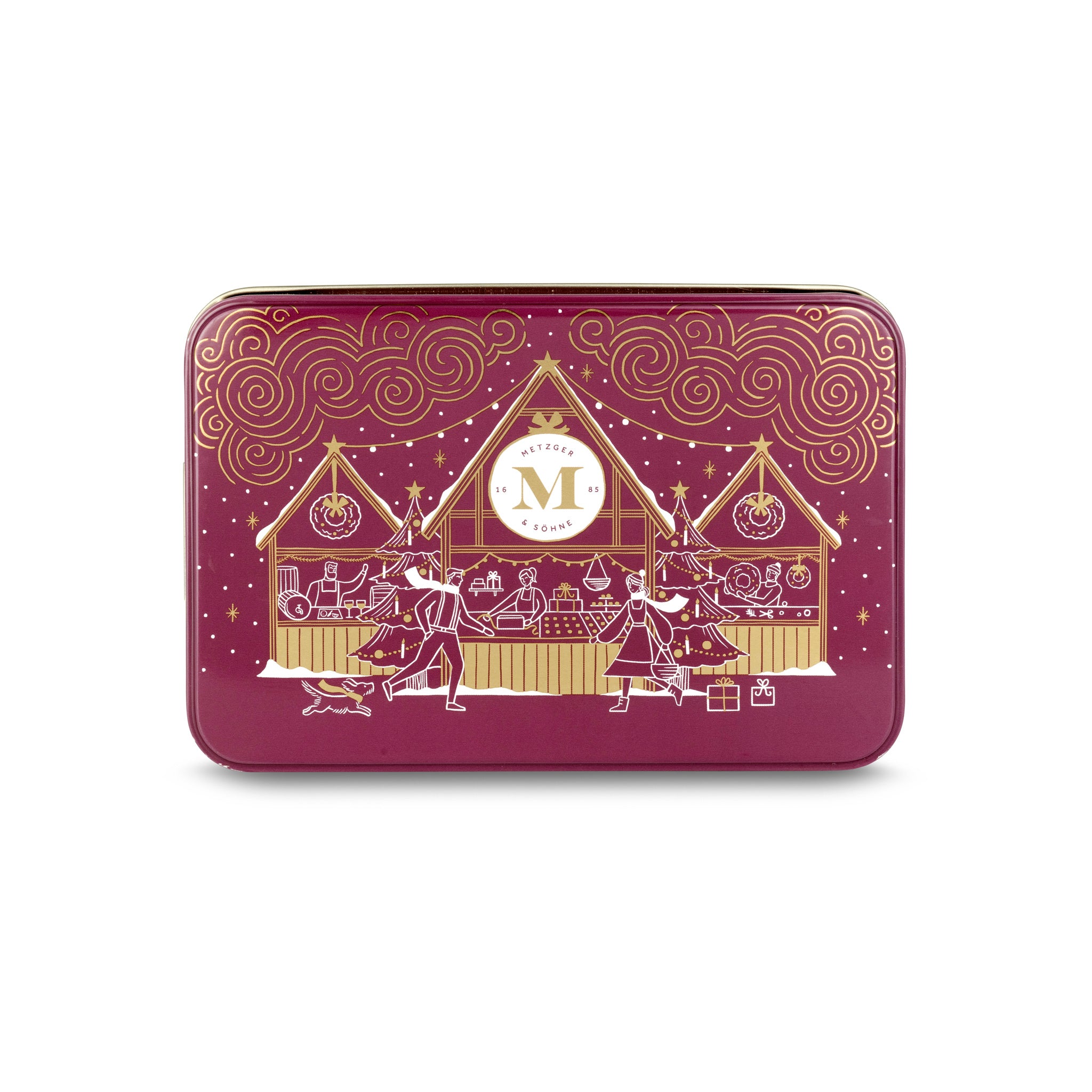 Christmas tin in bordeaux red with Viennese market design filled with 12 delicious Lebkuchen pralines: popular types such as juicy almond marzipan, fruity aranzini, hazelnut-raisin and other fruity or nutty variations.